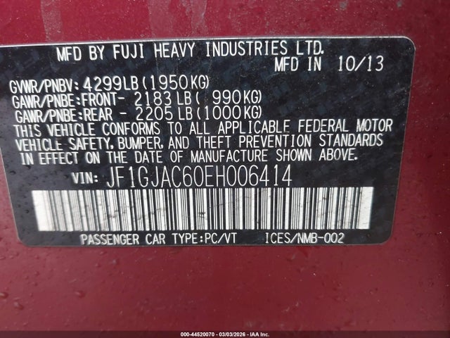 Продаж на аукціоні авто 2014 Subaru Impreza 2.0i Premium, vin: JF1GJAC60EH006414, номер лоту: 44520070