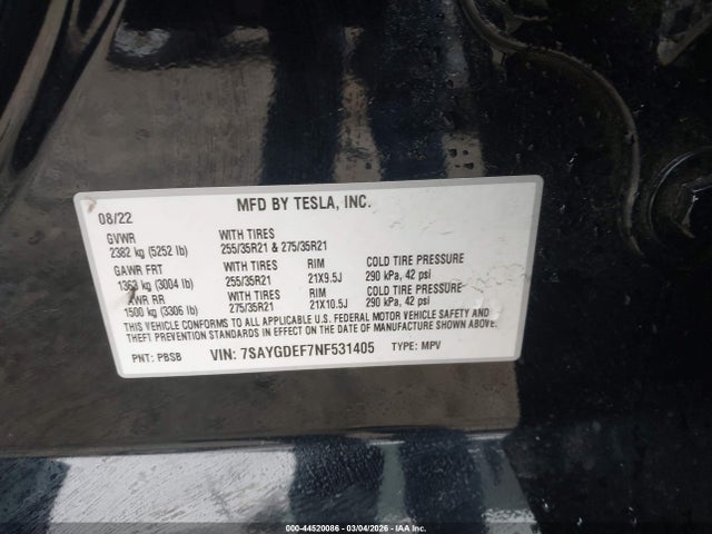 Aukcja sprzedaży 2022 Tesla Model Y Performance Dual Motor All-wheel Drive, vin: 7SAYGDEF7NF531405, numer aukcji: 44520086