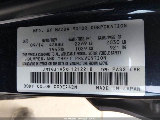 Aukcja sprzedaży 2015 Mazda Mazda6, vin: JM1GJ1V5XF1212218, numer aukcji: 44520098