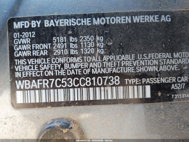 Продаж на аукціоні авто 2012 Bmw 535i, vin: WBAFR7C53CC810738, номер лоту: 44520102