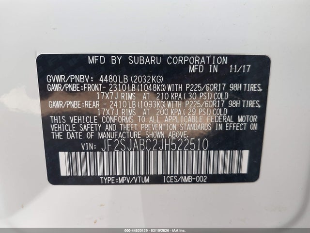 Продаж на аукціоні авто 2018 Subaru Forester 2.5i, vin: JF2SJABC2JH522510, номер лоту: 44520129