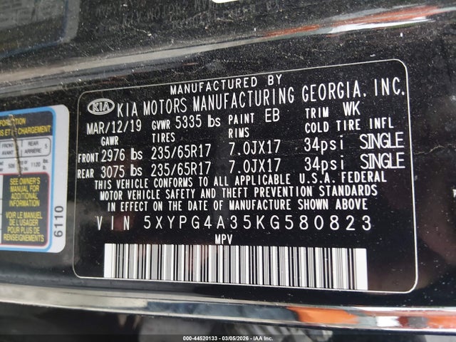 Продаж на аукціоні авто 2019 Kia Sorento 2.4l L, vin: 5XYPG4A35KG580823, номер лоту: 44520133
