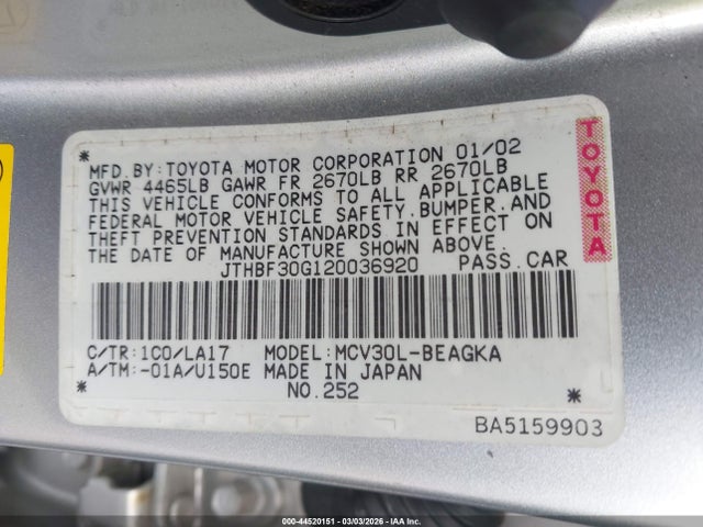 Продаж на аукціоні авто 2002 Lexus Es 300, vin: JTHBF30G120036920, номер лоту: 44520151
