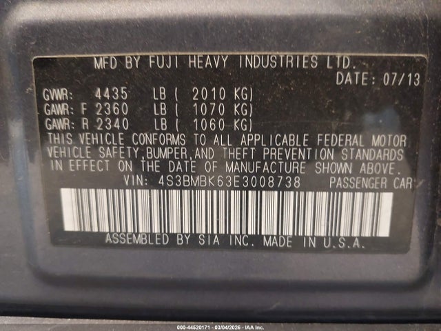 Subaru Legacy 2.5i Limited 2014 4S3BMBK63E3008738 Image 9