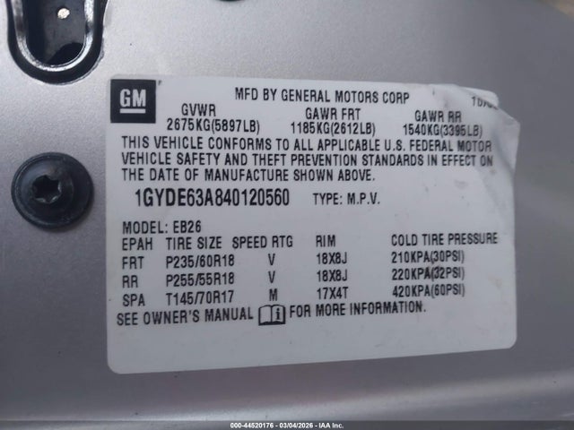 Aukcja sprzedaży 2004 Cadillac Srx V8, vin: 1GYDE63A840120560, numer aukcji: 44520176