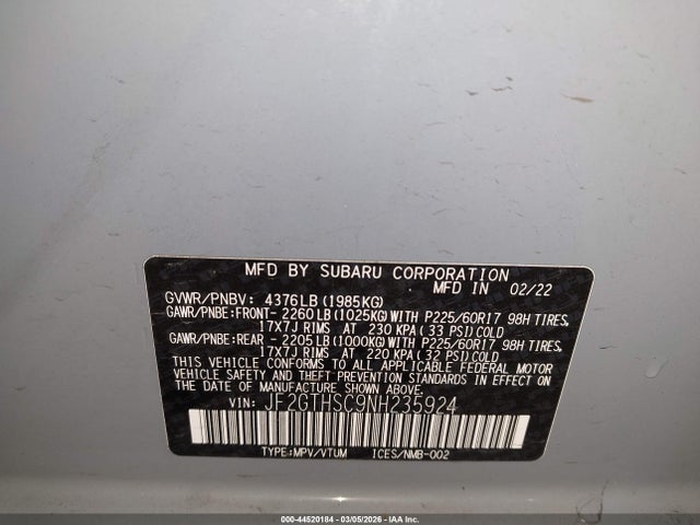 Aukcja sprzedaży 2022 Subaru Crosstrek Sport, vin: JF2GTHSC9NH235924, numer aukcji: 44520184