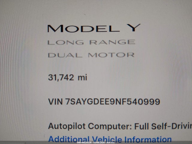 Aukcja sprzedaży 2022 Tesla Model Y Long Range Dual Motor All-wheel Drive, vin: 7SAYGDEE9NF540999, numer aukcji: 44520228