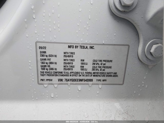 Aukcja sprzedaży 2022 Tesla Model Y Long Range Dual Motor All-wheel Drive, vin: 7SAYGDEE9NF540999, numer aukcji: 44520228