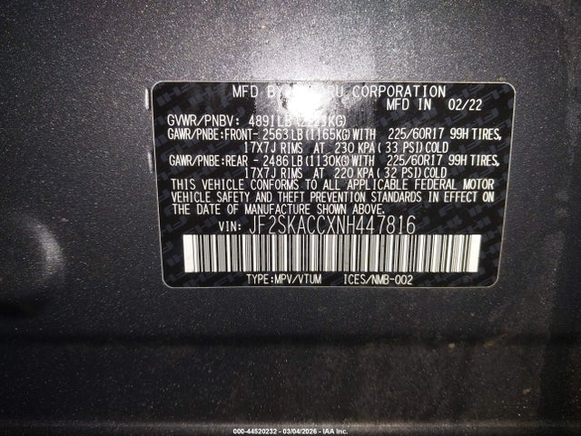 Продаж на аукціоні авто 2022 Subaru Forester, vin: JF2SKACCXNH447816, номер лоту: 44520232