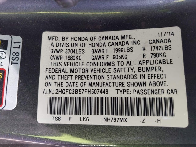 Honda Civic Lx 2015 2HGFG3B57FH507449 Image 9