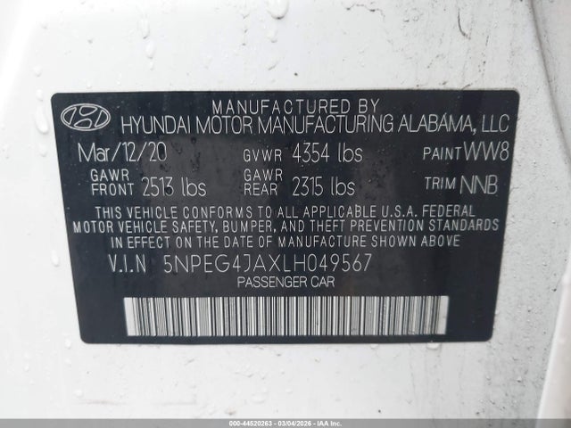 44520263 :رقم المزاد ، 5NPEG4JAXLH049567 vin ، 2020 Hyundai Sonata Se مزاد بيع