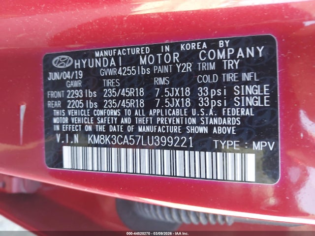 44520270 :رقم المزاد ، KM8K3CA57LU399221 vin ، 2020 Hyundai Kona Limited مزاد بيع