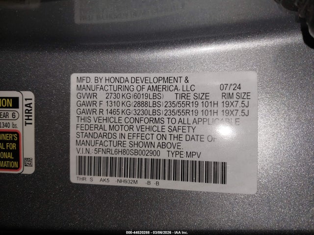Продаж на аукціоні авто 2025 Honda Odyssey Touring, vin: 5FNRL6H80SB002900, номер лоту: 44520288