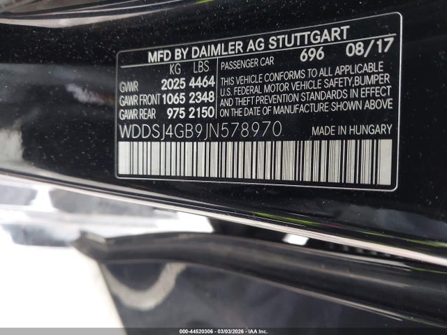 44520306 :رقم المزاد ، WDDSJ4GB9JN578970 vin ، 2018 Mercedes-benz Cla 250 4matic مزاد بيع