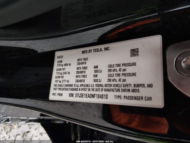 Aukcja sprzedaży 2022 Tesla Model 3 Rear-wheel Drive, vin: 5YJ3E1EA0NF184810, numer aukcji: 44520319