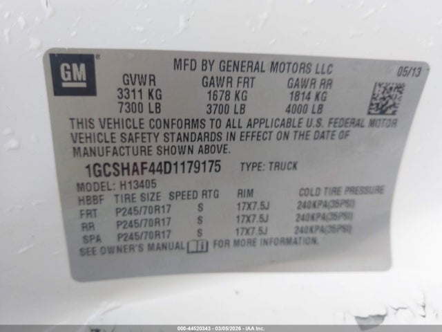 44520343 :رقم المزاد ، 1GCSHAF44D1179175 vin ، 2013 Chevrolet Express 1500 Work Van مزاد بيع