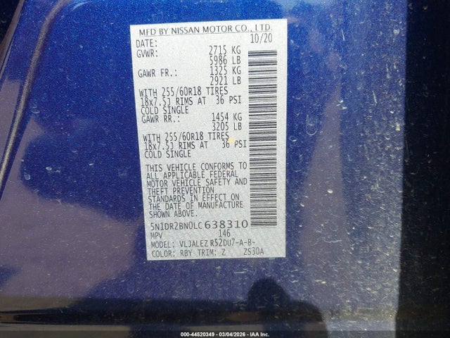 Aukcja sprzedaży 2020 Nissan Pathfinder Sv 2wd, vin: 5N1DR2BN0LC638310, numer aukcji: 44520349