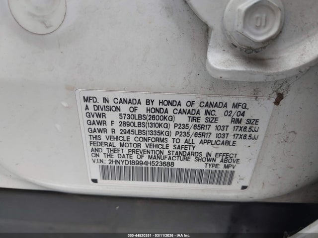 Aukcja sprzedaży 2004 Acura Mdx, vin: 2HNYD18994H523688, numer aukcji: 44520351