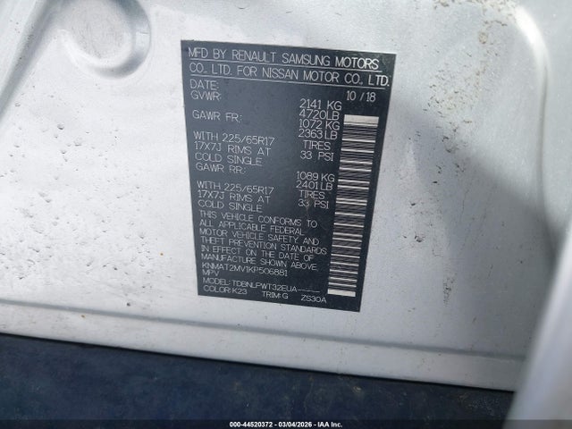 Aukcja sprzedaży 2019 Nissan Rogue S, vin: KNMAT2MV1KP506881, numer aukcji: 44520372