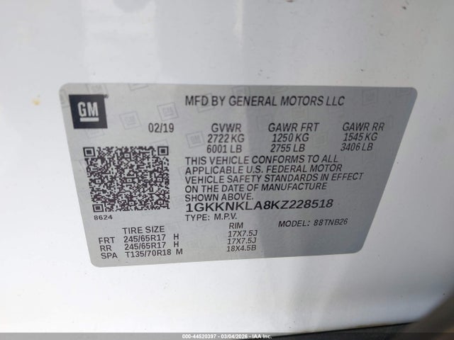 Aukcja sprzedaży 2019 Gmc Acadia Sle-1, vin: 1GKKNKLA8KZ228518, numer aukcji: 44520397