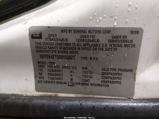 44520400 :رقم المزاد ، 1GYEE437390155821 vin ، 2009 Cadillac Srx V6 مزاد بيع