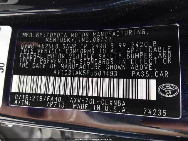 Auction sale of the 2023 Toyota Camry Le Hybrid, vin: 4T1C31AK5PU601493, lot number: 44520423