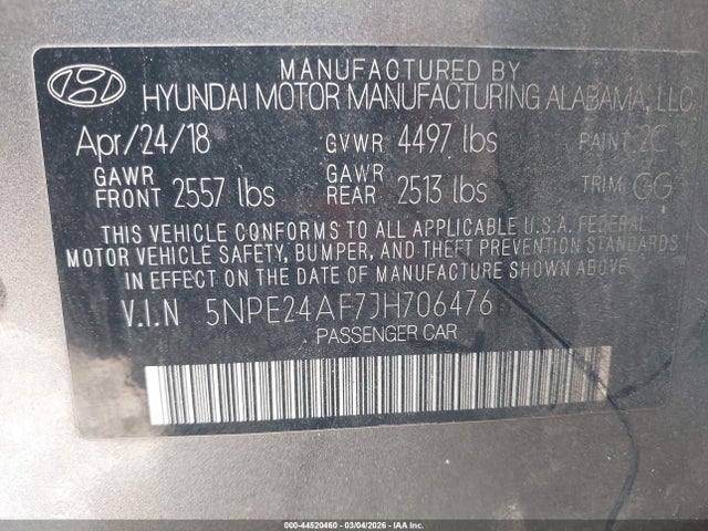 Продаж на аукціоні авто 2018 Hyundai Sonata Se, vin: 5NPE24AF7JH706476, номер лоту: 44520460