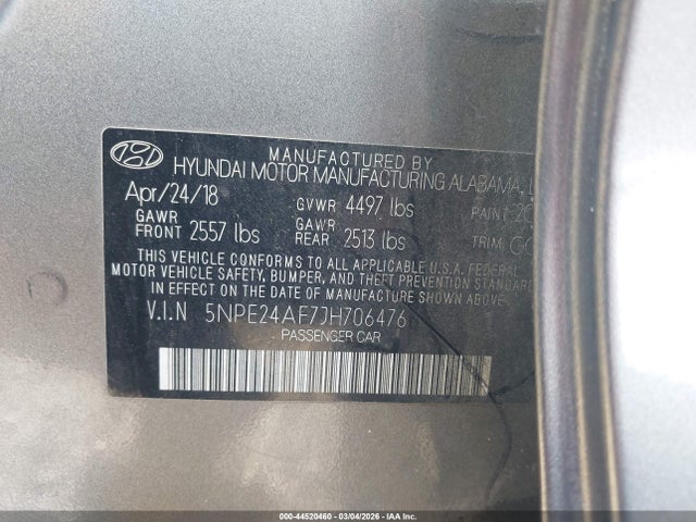 Продаж на аукціоні авто 2018 Hyundai Sonata Se, vin: 5NPE24AF7JH706476, номер лоту: 44520460