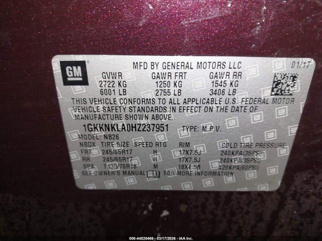 Aukcja sprzedaży 2017 Gmc Acadia Sle-1, vin: 1GKKNKLA0HZ237951, numer aukcji: 44520466