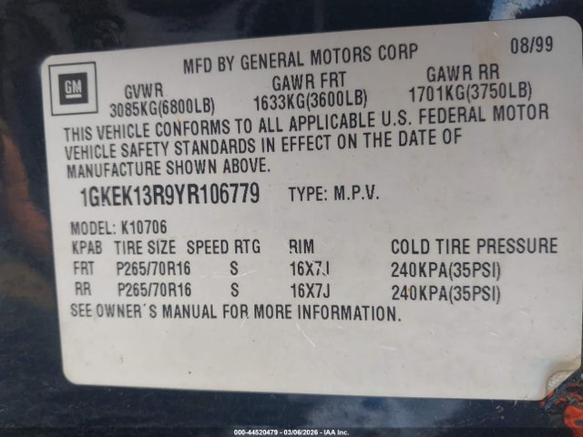 Aukcja sprzedaży 2000 Gmc Yukon Denali, vin: 1GKEK13R9YR106779, numer aukcji: 44520479