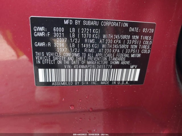 2020 Subaru Ascent Limited მანქანა იყიდება აუქციონზე, vin: 4S4WMAPD9L3455778, აუქციონის ნომერი: 44520522