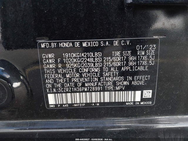 2023 Honda Hr-v 2wd Lx მანქანა იყიდება აუქციონზე, vin: 3CZRZ1H36PM728991, აუქციონის ნომერი: 44520527