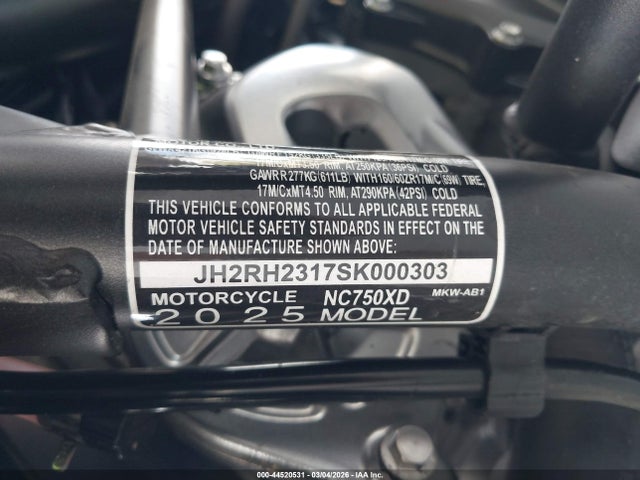 Продажа на аукционе авто 2025 Honda Nc750 Xd, vin: JH2RH2317SK000303, номер лота: 44520531