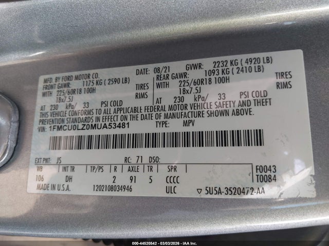 1FMCU0LZ0MUA53481 Ford Escape Titanium Plug-in Hybrid