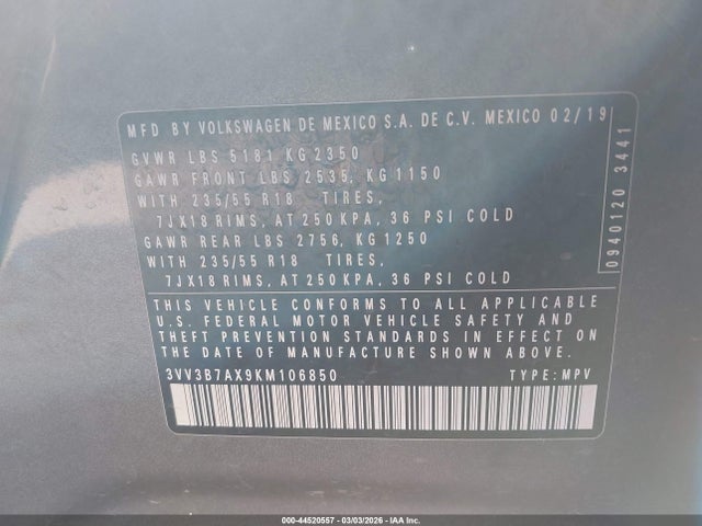 2019 VOLKSWAGEN TIGUAN 3VV3B7AX9KM106850 Photo 8