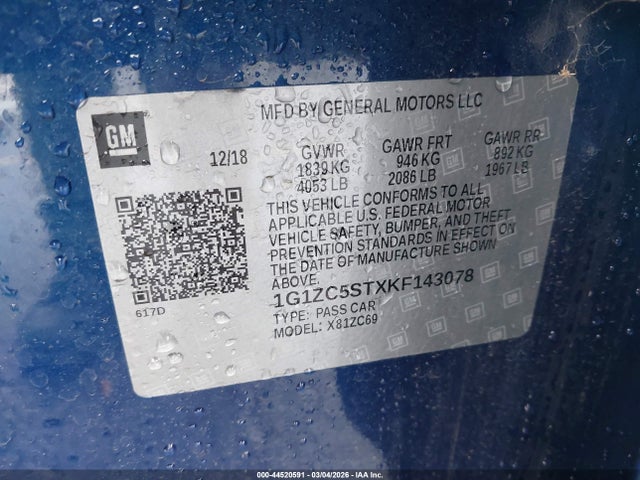 1G1ZC5STXKF143078 Chevrolet Malibu 1fl