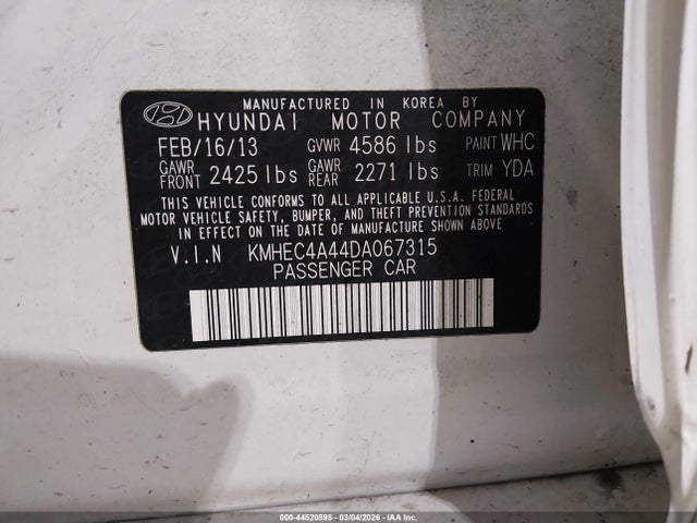 Aukcja sprzedaży 2013 Hyundai Sonata Hybrid Limited, vin: KMHEC4A44DA067315, numer aukcji: 44520595