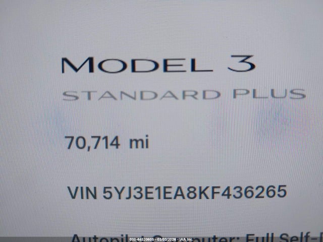 44520605 :رقم المزاد ، 5YJ3E1EA8KF436265 vin ، 2019 Tesla Model 3 Long Range/mid Range/standard Range/standard Range Plus مزاد بيع