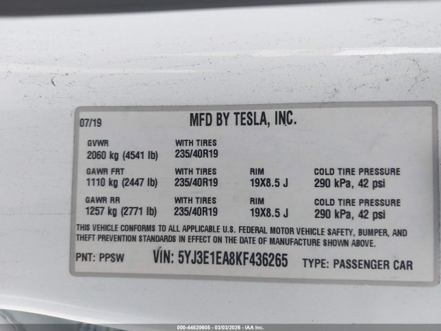 44520605 :رقم المزاد ، 5YJ3E1EA8KF436265 vin ، 2019 Tesla Model 3 Long Range/mid Range/standard Range/standard Range Plus مزاد بيع