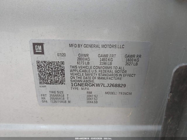 1GNERGKW7LJ268829 Chevrolet Traverse Lt Cloth