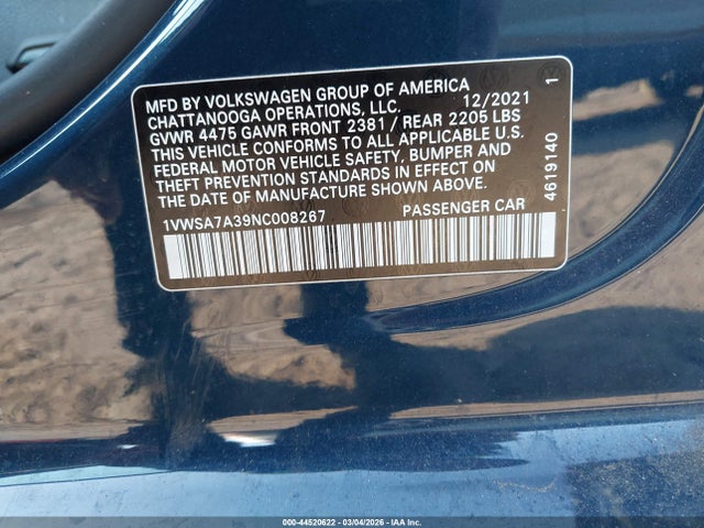 Продаж на аукціоні авто 2022 Volkswagen Passat 2.0t Se, vin: 1VWSA7A39NC008267, номер лоту: 44520622