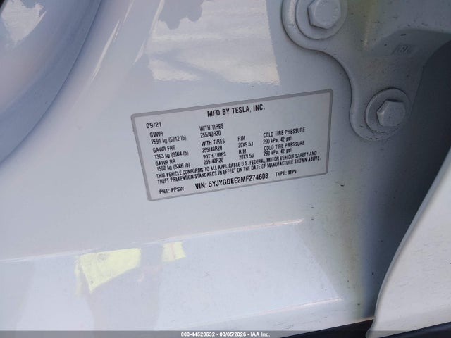 44520632 :رقم المزاد ، 5YJYGDEE2MF274608 vin ، 2021 Tesla Model Y Long Range Dual Motor All-wheel Drive مزاد بيع
