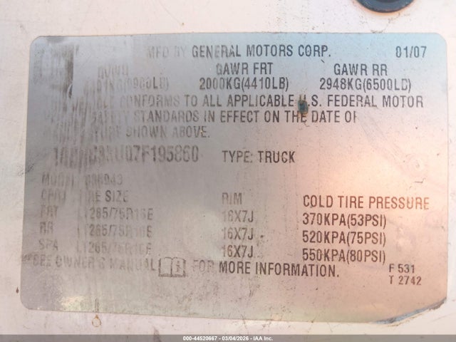 Aukcja sprzedaży 2007 Chevrolet Silverado 3500 Classic Lt1, vin: 1GCHC33U07F195860, numer aukcji: 44520667