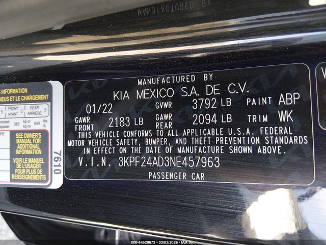 Продажа на аукционе авто 2022 Kia Forte Lxs, vin: 3KPF24AD3NE457963, номер лота: 44520672