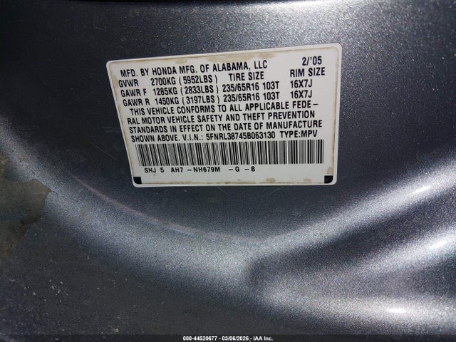 2005 HONDA ODYSSEY 5FNRL38745B063130 Photo 8