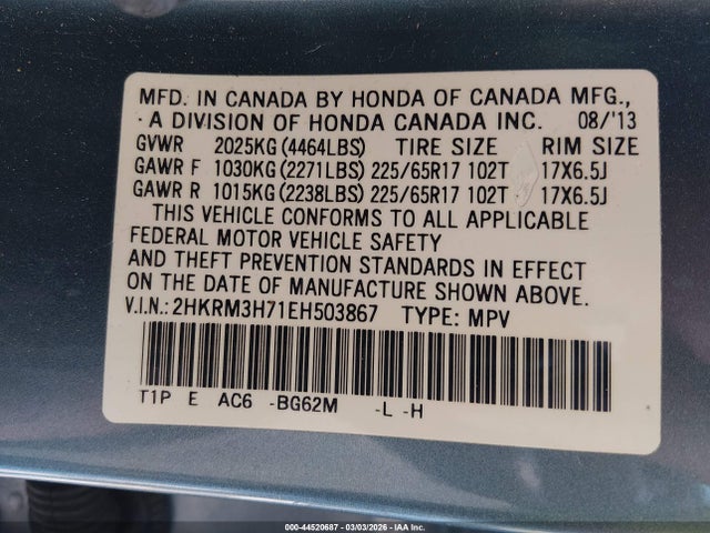 Продажа на аукционе авто 2014 Honda Cr-v Ex-l, vin: 2HKRM3H71EH503867, номер лота: 44520687