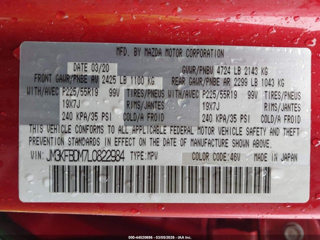 44520696 :رقم المزاد ، JM3KFBDM7L0822984 vin ، 2020 Mazda Cx-5 Grand Touring مزاد بيع