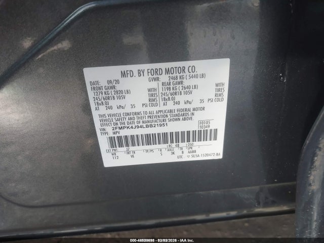 Продаж на аукціоні авто 2020 Ford Edge Sel, vin: 2FMPK4J94LBB21951, номер лоту: 44520698
