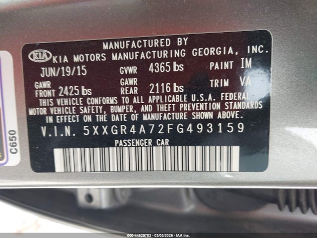 44520703 :رقم المزاد ، 5XXGR4A72FG493159 vin ، 2015 Kia Optima Sx مزاد بيع
