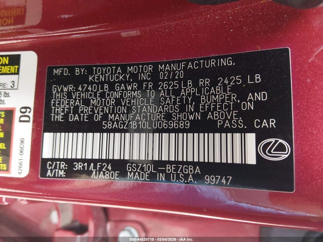 Продаж на аукціоні авто 2020 Lexus Es 350 F Sport, vin: 58AGZ1B10LU069689, номер лоту: 44520710